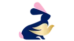 Blue and pink PETA rabbit illustration with a gold Dove logo layered on top.