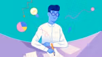Graphic of a man sitting at a desk and writing